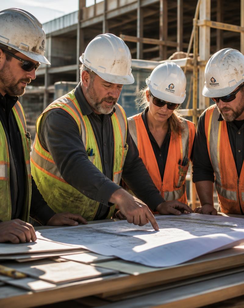 Construction team reviewing project plans at a job site