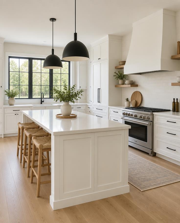 The same kitchen finished with white cabinets and white oak flooring